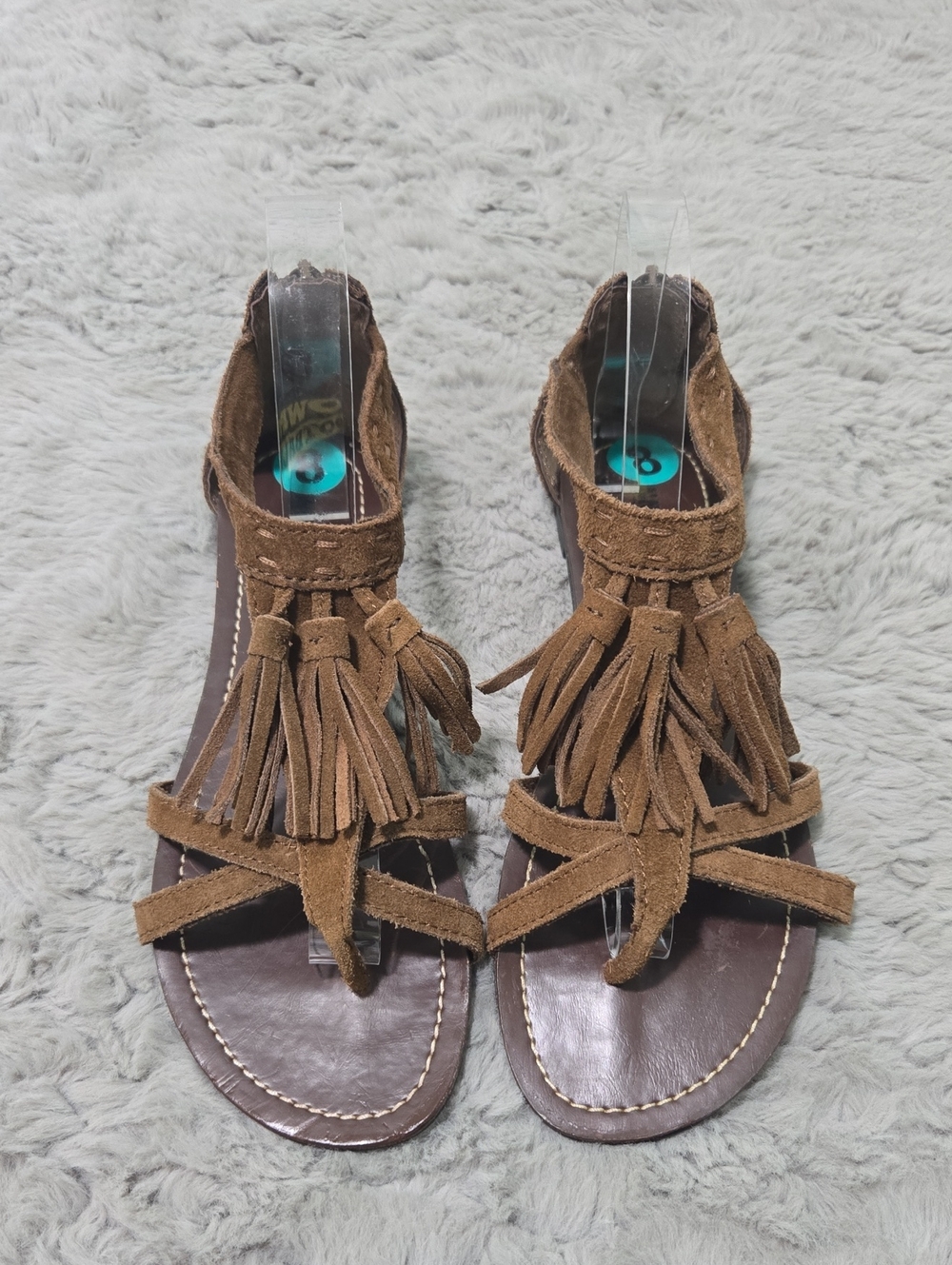 Minnetonka brown suede tassels fringe zipper back closure sandals size 8